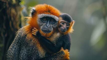 Obraz premium A golden monkey mother holding her baby close, their expressions of love and protection highlighted against the natural forest scenery.