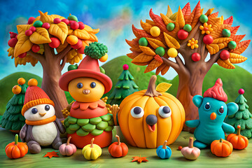 Fototapeta premium Children's crafts made from plasticine on an autumn theme.