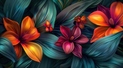 Fototapeta premium Abstract art with nature elements, intertwined leaves and flowers, vibrant palette, high-resolution stock photo, modern and organic, detailed design, artistic flow