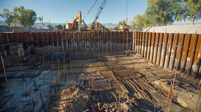 An image showing a wide-angle view of a construction site with sheet piling being installed. The site features heavy machinery like excavators and cranes