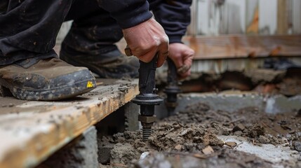 A detailed close-up image showing a professional worker demonstrating the use of a foundation repair tool, with visible construction material and surrounding excavated earth.