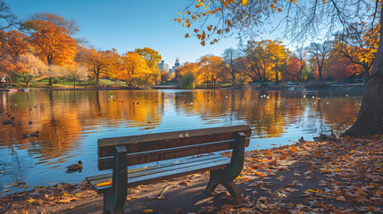 Obraz premium Tranquil autumn park with lake reflecting vibrant trees, ducks swimming, and wooden bench by the water