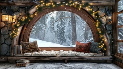 A window with a view of a snowy forest