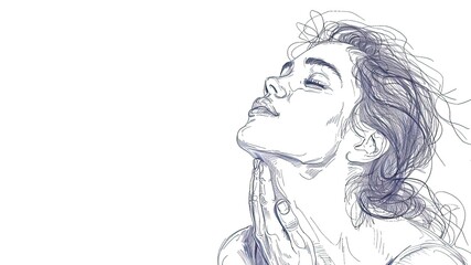 Continuous line drawing sketch art of a woman's face on a white background. Reflects relaxation, peace, and spiritual concepts. Ideal for mindfulness themes with ample copy space.