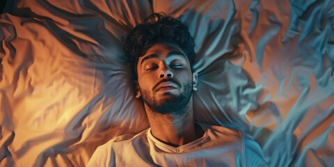 A person resting on their back, eyes shut, in a bed