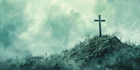 Fototapeta premium A Christian symbol sitting atop a grassy hill