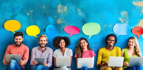 Diverse group of people sitting and laughing, each holding their own laptop or smartphone with colorful speech bubbles, new way to communicate, social media platforms
