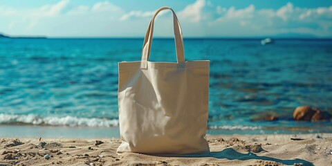 mockup of a blank beige eco cotton tote bag sided shopper at the beach