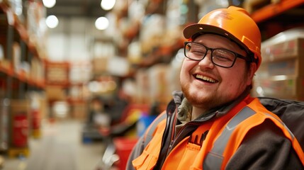 Warehouse worker wearing orange safety helmet and high visibility vest with a happy expression. Industrial work, labor safety, warehouse operations, employee satisfaction, occupational health.