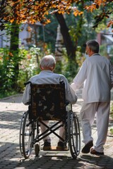 A person in a wheelchair accompanied by a man in a white suit, possibly for an interview or meeting