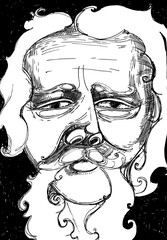 Fototapeta premium Abstract portrait of a man. An older man. Long mustache, wavy hair. Stylized drawing with a black outline. Black background. Macro.