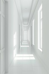 Fototapeta premium A long corridor with white walls and windows, perfect for interior design or architecture images