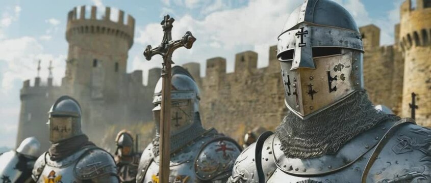 Medieval knights in armor stand guard at castle gates under fluttering banners.