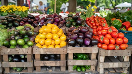 A variety of vegetables and fruits are displayed in wooden crates at a market