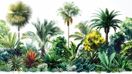 Exotic garden with various palm species and colorful plants, nature, lush botanical diversity