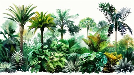 Exotic garden with various palm species and colorful plants, nature, lush botanical diversity