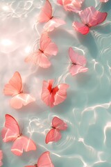 White sand beach, top view, underwater, a group of pink transparency butterflies, minimalism, wide, gaussian blur, sparkling bright ripples, light pink tint, clear