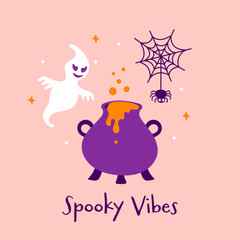 Cute Halloween Spooky Vibes print. Vector ghost, cauldron and spider on pink background. Halloween witchy illustration for greeting banner, postcard, web