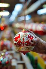 Hand holding an intricately designed red Christmas ornament in a festive decoration factory. Christmas decoration, ornament manufacturing, holiday season, festive crafts, factory production concept.