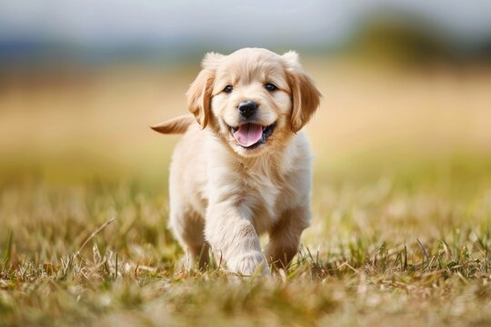 A joyful image of a puppy playing in a field
