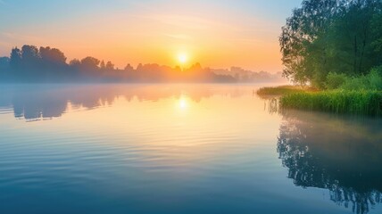 Obraz premium Serene sunrise over calm lake with mist and lush trees