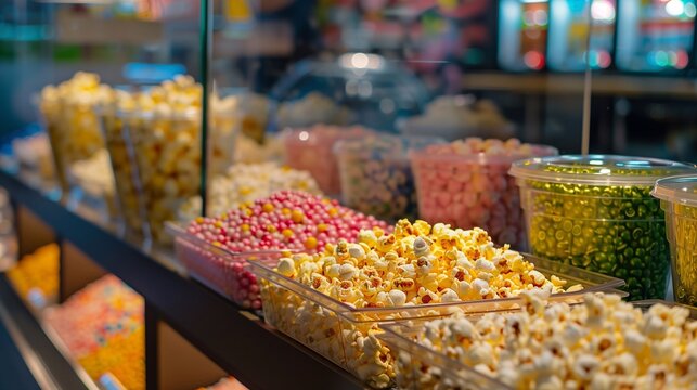 An attractive display of popcorn and sweets in a movie theater, offering an enticing assortment of colorful and flavorful treats for patrons to enjoy while watching their favorite films in comfort - Powered by Adobe