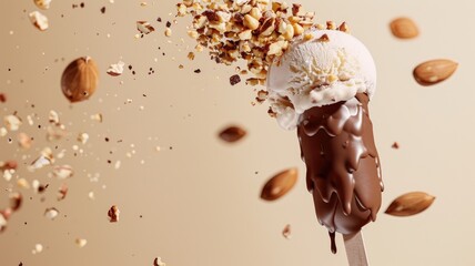 Vanilla ice cream bar dipped in chocolate, sprinkled with nuts