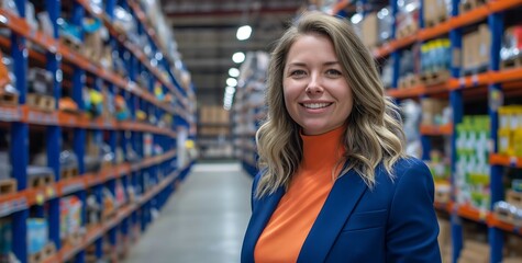 Enchanting businesswoman, middle-aged with shoulder-length blonde hair and blue eyes standing in front of rows of high-tech warehouse shelves