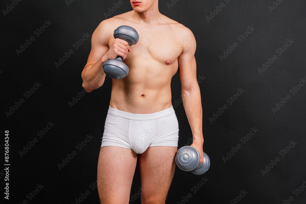 Wall mural Body, dumbbell and workout with sports man in studio isolated on black white background for health.