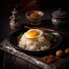 Rice with egg, Asian food in a lower key on a background of kitchen utensils. Close-up.