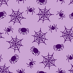 Cute Halloween spider seamless pattern. Vector violet spiders and spiderweb on purple background. Creepy print for Halloween decoration, wallpaper, textile, wrapping, fabric.