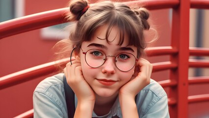 Portrait of shy pre-teen or teenage girl with tied up bun on her hair and nerdy glasses, cute adolescent youthful girl, nerdy awkward teenager