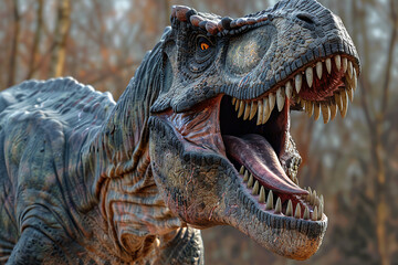 Generative ai on theme of big scary hungry dinosaur with kind eyes and sharp teeth destroying park