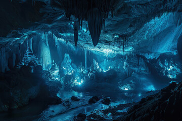 Generative ai on theme of a large beautiful sharp stalactites hanging down from deep mountain cave
