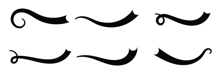 Swoosh line vector, underline swish, stroke swash swirl, curly hand drawn text calligraphic brush tail, black fireworks icon set isolated on white background. Doodle decorative illustration in eps 10.