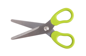 School scissors open, green handle isolated on white, transparent 