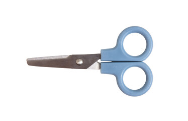 School scissors closed, blue handle isolated on white, transparent 