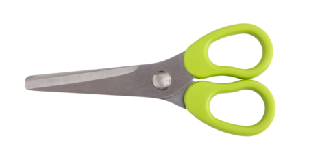 School scissors closed, green handle isolated on white, transparent 