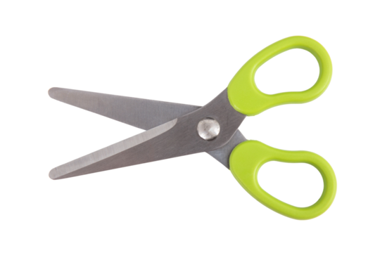 School scissors open, green handle isolated on white, transparent 