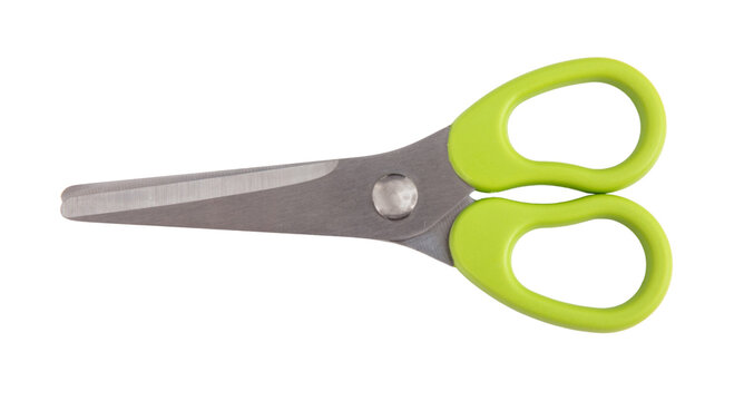 School scissors closed, green handle isolated on white, transparent 