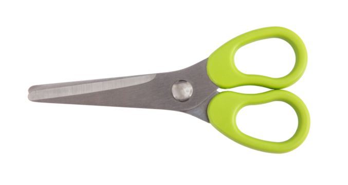School scissors closed, green handle isolated on white, transparent 