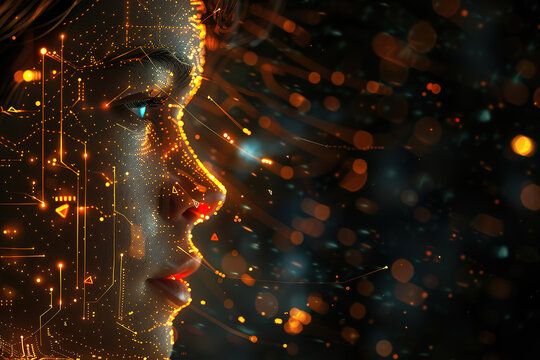 Abstract digital human with cybernetic elements, dark background with glowing lines and circuit patterns, female face in profile with robotic features