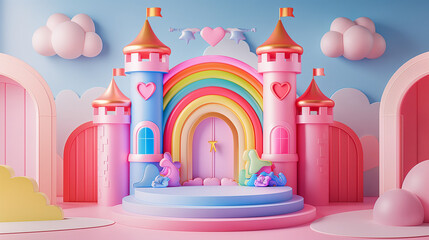 Obraz premium A cute and colorful castle podium featuring round towers, heart-shaped windows, and a rainbow , perfect for showcasing children’s products in a playful settings