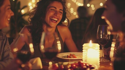 Friends Sharing a Laugh Over Dinner with Warm Lighting, Copy Space