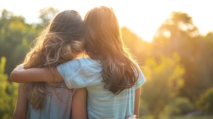 Two friends standing together in a time of need under natural light with copy space for Friendship Day message