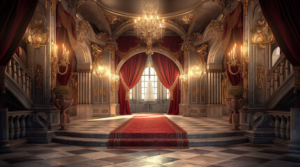 Obraz premium A luxurious fairy tale castle podium with rich, velvet drapery, crystal chandeliers, and ornate details, providing an opulent and enchanting backdrop for highg