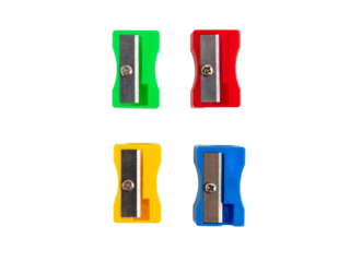 Pencil sharpeners isolated on white, transparent, top view, Bright color School supply	