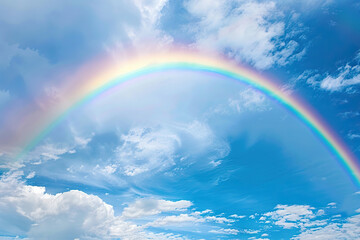 Generative ai on theme of beautiful tranquil landscape with magical bright rainbow at cloudy sky