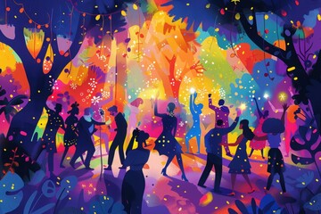 A joyful, vibrant illustration of a summer party