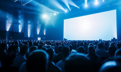 Enterance a saturated dark blue event hall with huge blank screens, a huge queue of people in front of the entrance, event photography